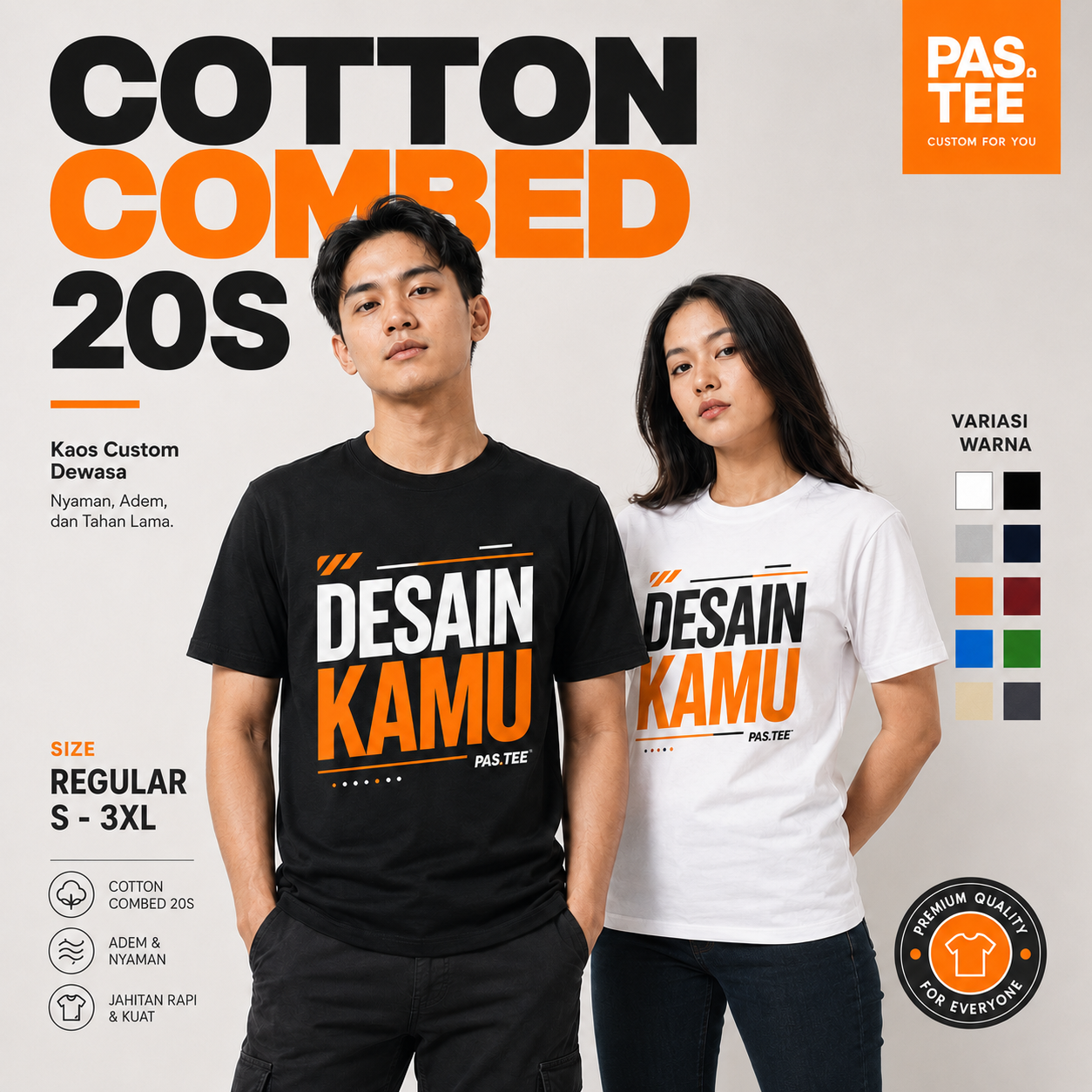 Kaos Custom Dewasa Cotton Combed 20s — Desain Depan Besar