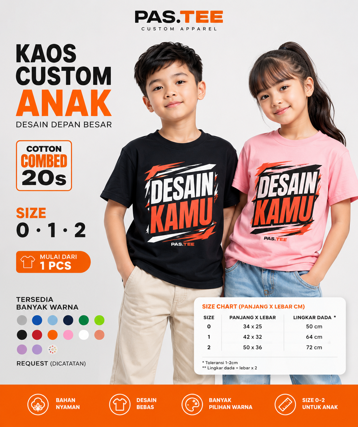 Kaos Custom Anak Cotton Combed 20s — Desain Depan Besar