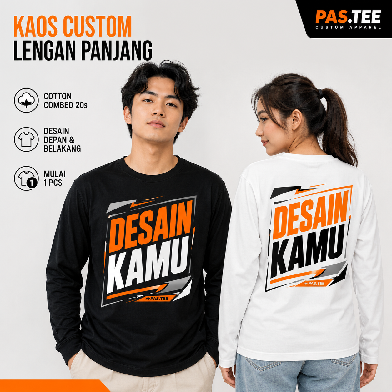 Kaos Custom 20s Lengan Panjang Depan Belakang – Cetak Desain Sendiri
