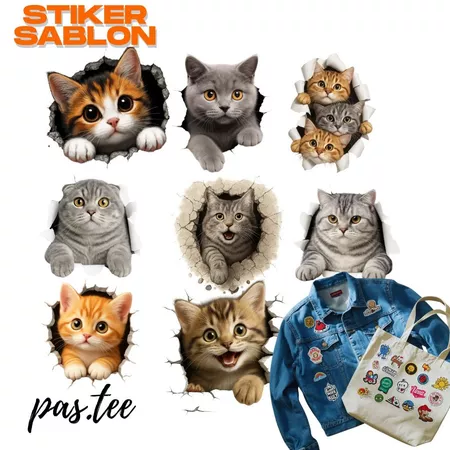 Stiker Sablon Setrika DTF Kucing Tembok Lucu - Stiker Gosok Baju Kaos Tas Gambar Cat Cute Gemoy