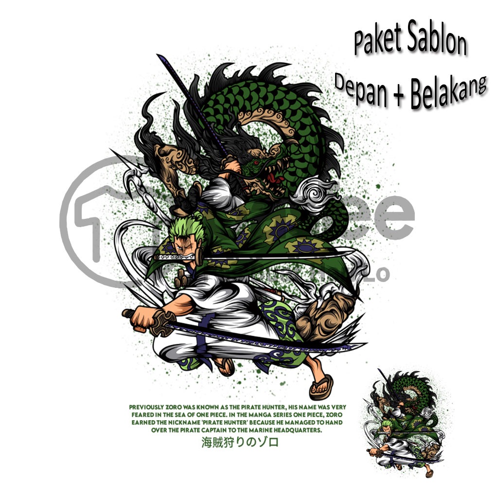 Foto produk stiker one piece Sablon Kaos One Piece Zoro Depan Belakang Siap Press/Setrika - Paket UMKM
