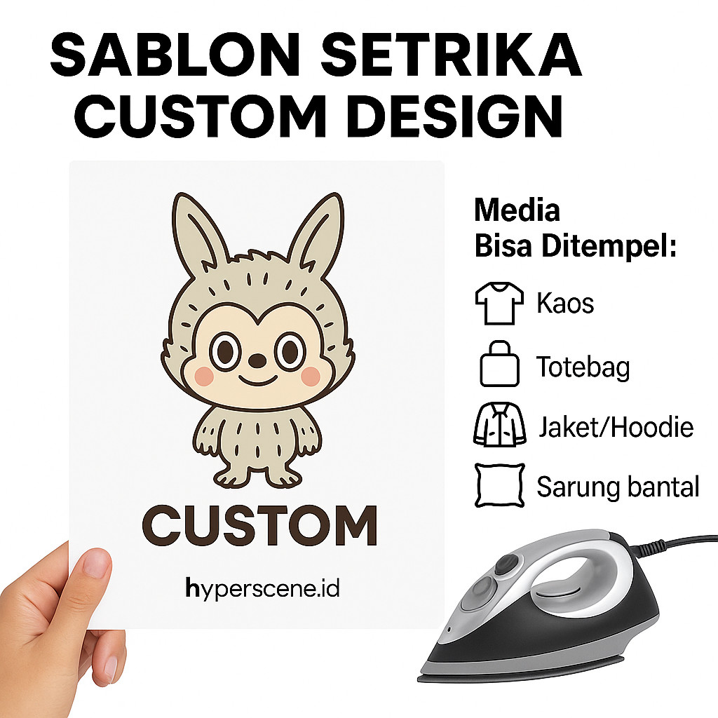 Foto produk Sablon Setrika Custom Foto Logo Sendiri - Stiker Gosok Baju Kaos Tas Satuan 14cm