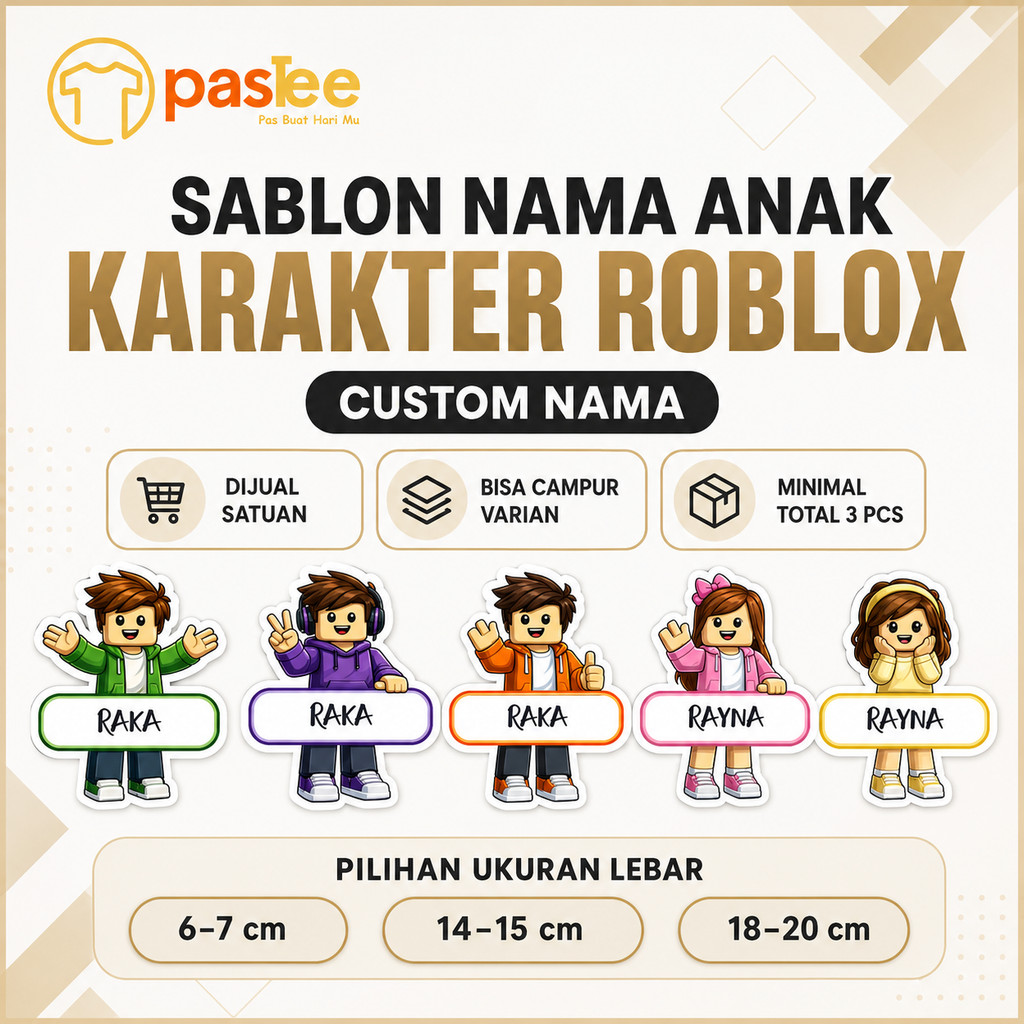 Foto produk Sablon Nama Anak Karakter Roblox Custom Setrika Baju 6cm 15cm 20cm Minimal