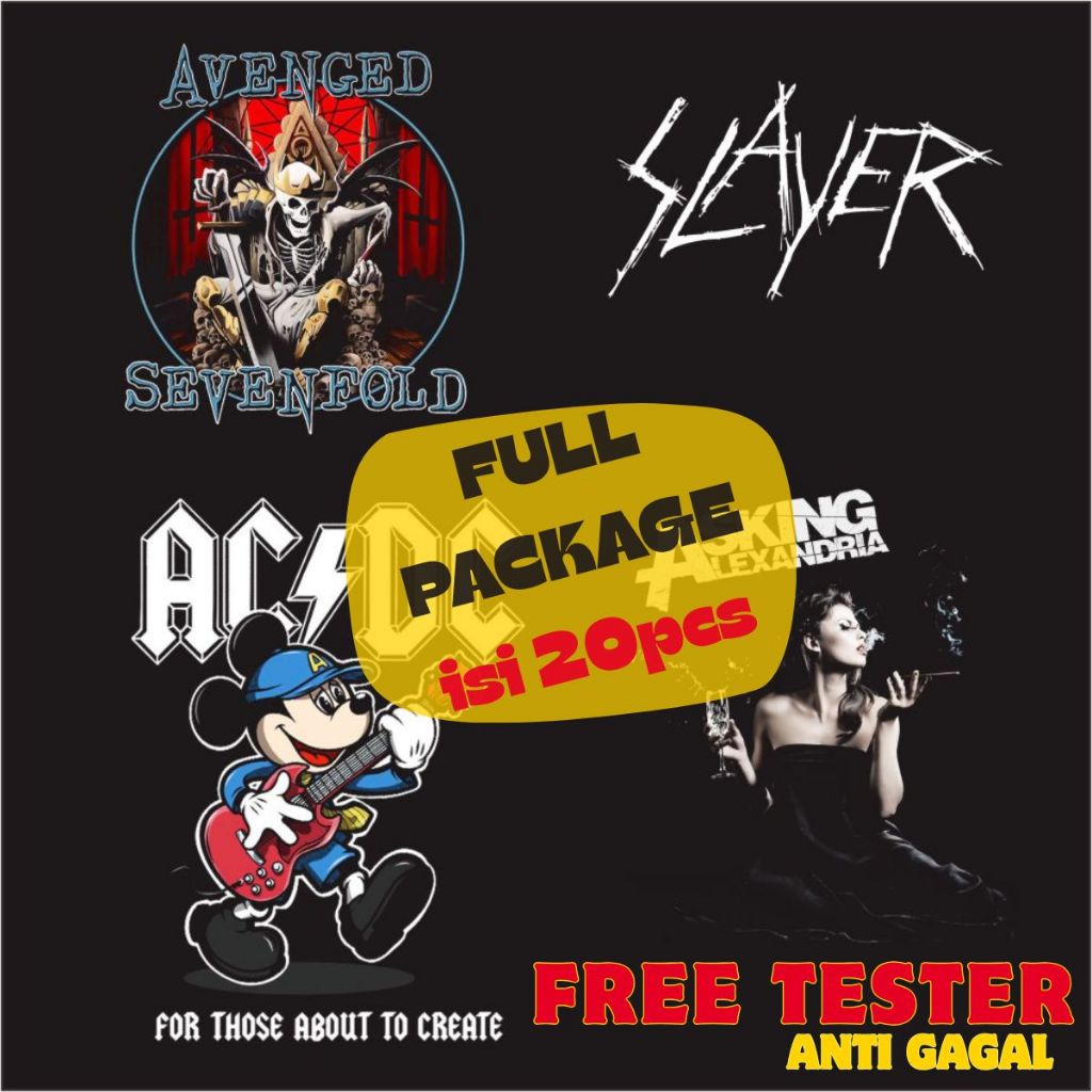 Foto produk Paket 20 Sablon DTF Band Metal Raster Vintage Sticker Baju Siap Press Setrika Grosir 20 Pcs