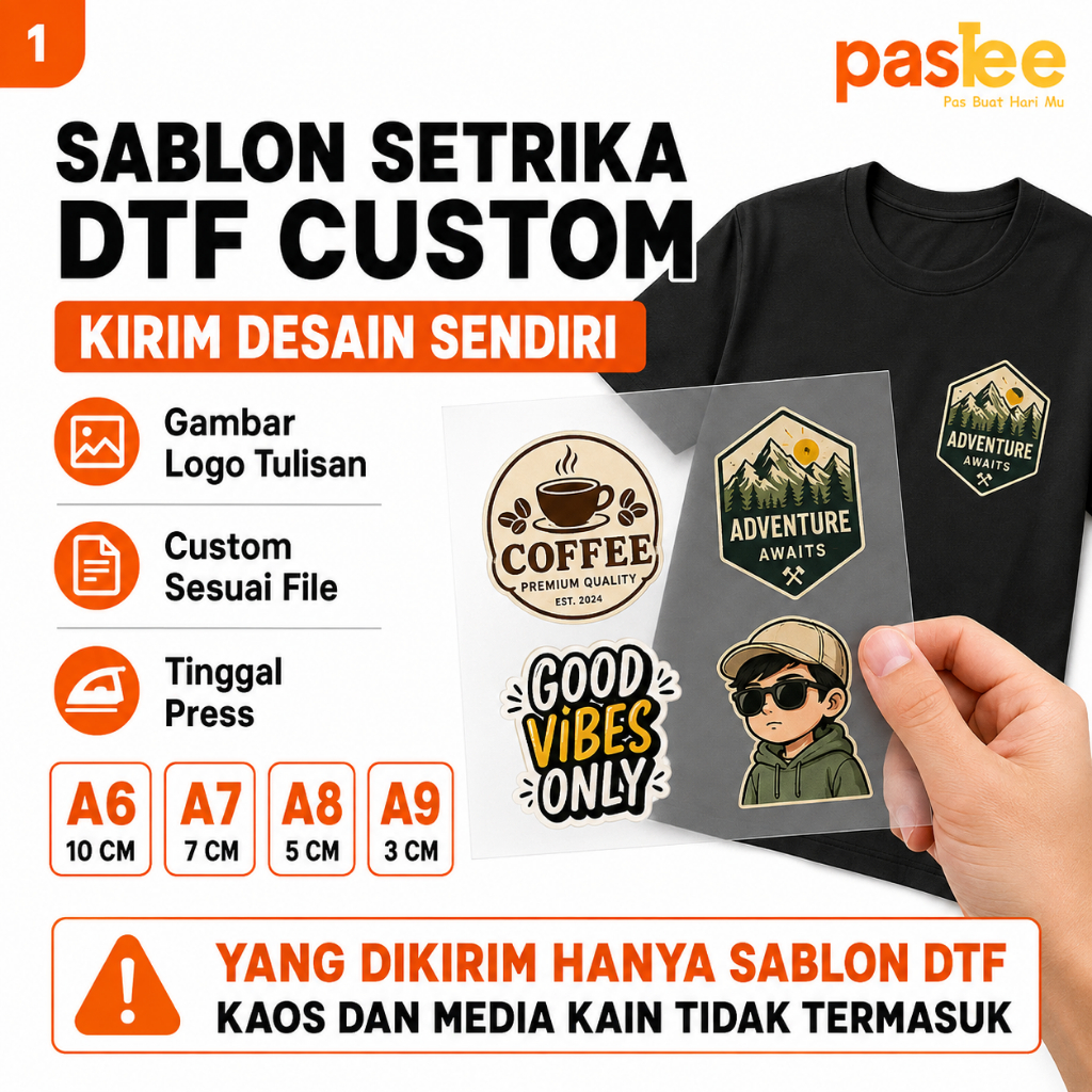 Foto produk Sablon Setrika DTF Custom Gambar Logo Desain Sendiri A6 A7 A8 A9 PET Film Siap Press