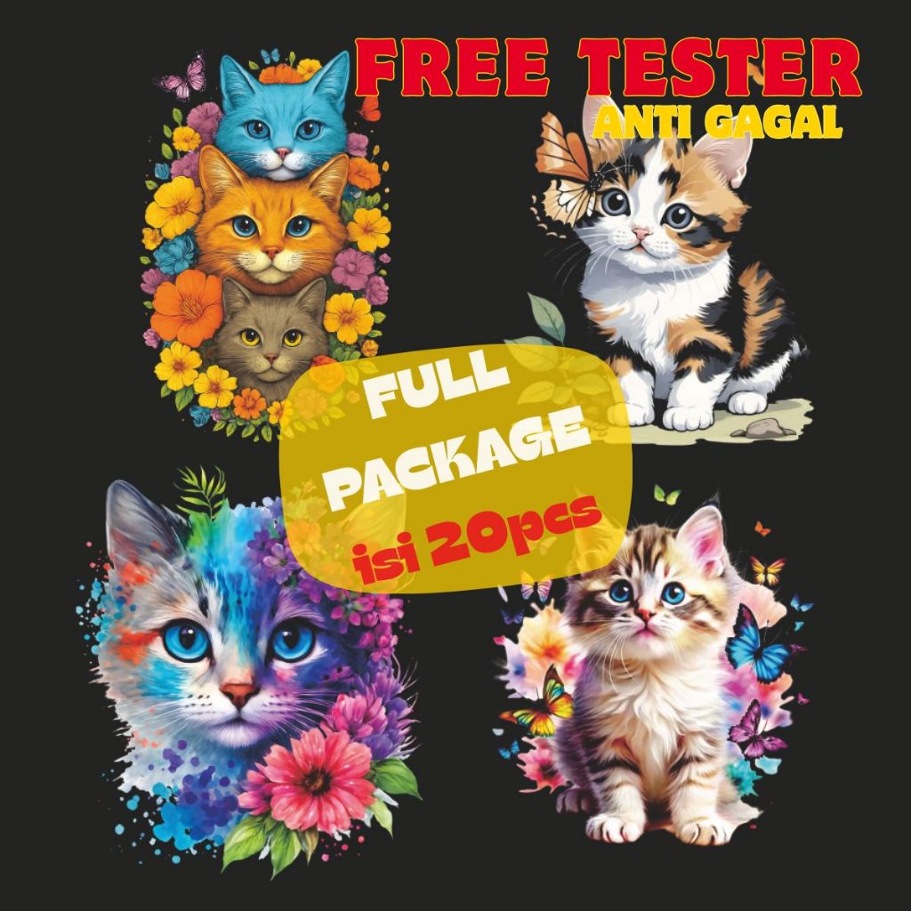 Foto produk Paket Sablon DTF Gambar Kucing Lucu Aesthetic Sticker Baju Siap Press Setrika Grosir 20 Pcs