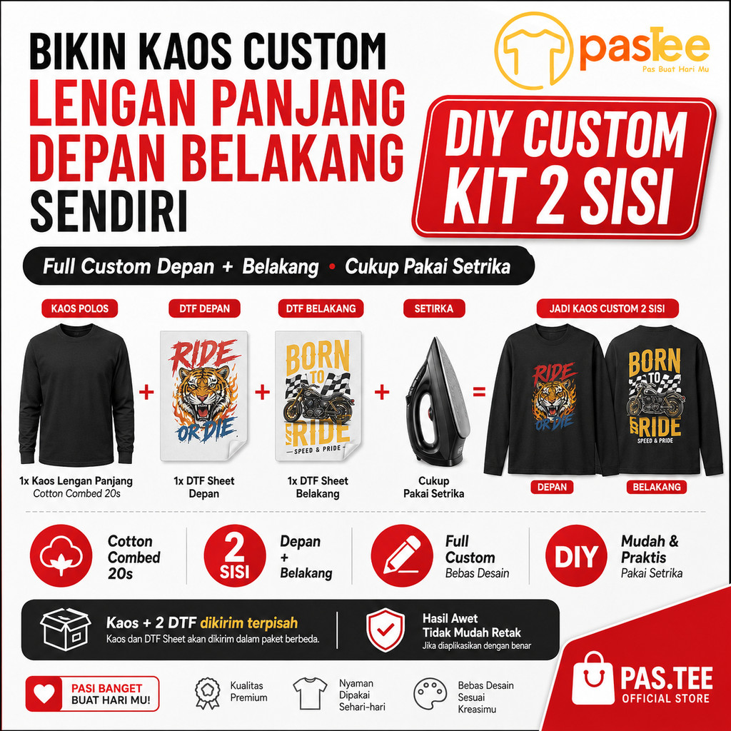 Foto produk Kaos Custom DIY Lengan Panjang Depan Belakang Desain Sendiri Sablon DTF Cotton Combed 20s Foto Logo PAS.TEE