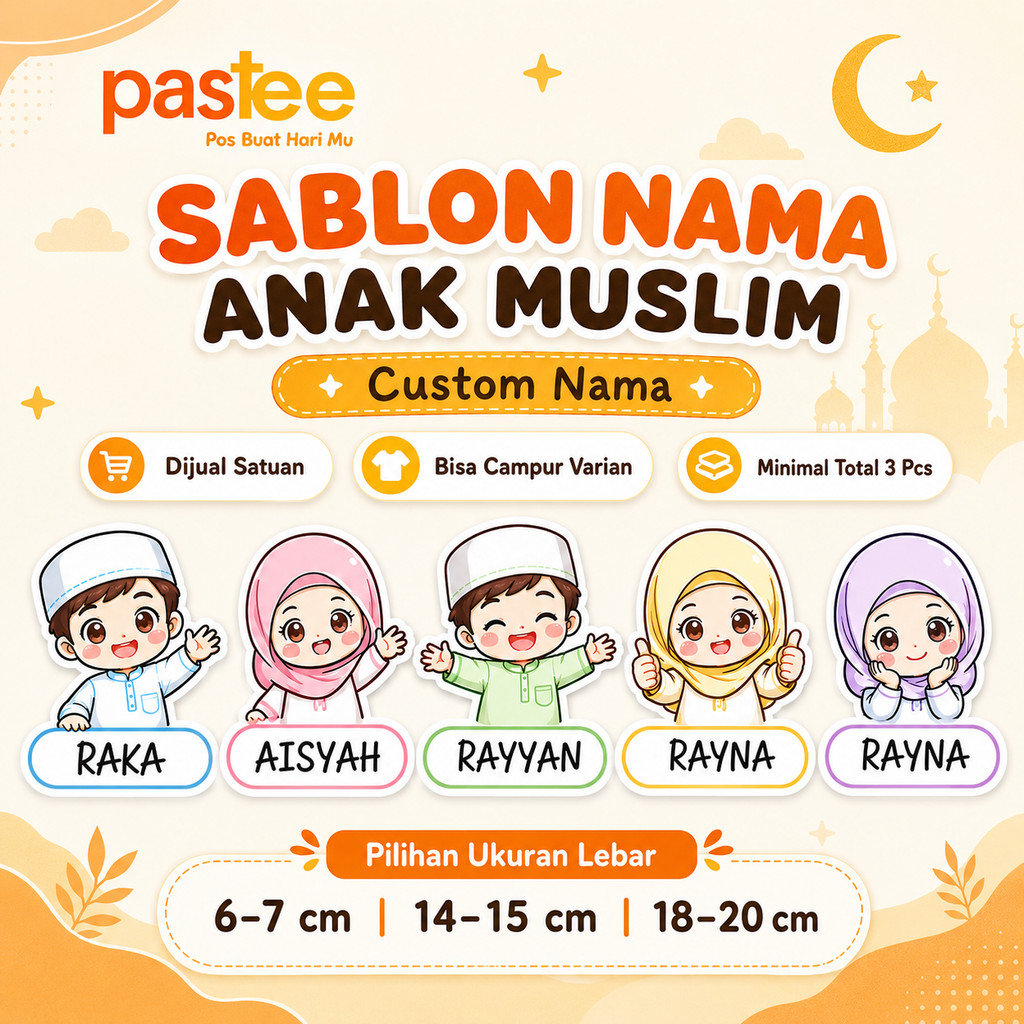 Foto produk Sablon Nama Anak Muslim Custom Setrika Baju Karakter 6cm 15cm 20cm