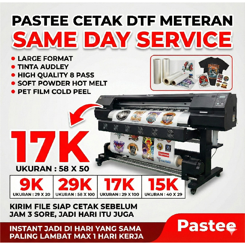 Foto produk Jasa Cetak Print DTF 58 x 100 cm Sablon DTF Permeter Meteran High Quality lebar 60 cm Custom Warna dan Putih Jamin Pekat dan Sesuai Bergaransi