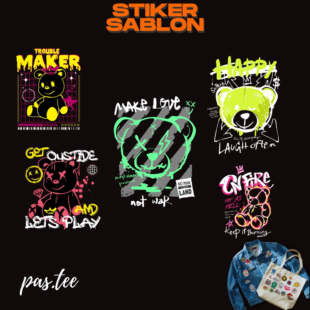 Foto produk Sablon Setrika DTF Bear Streetwear | Sablon Kaos Gambar Beruang Lucu Distro 7cm 15cm 20cm 29cm