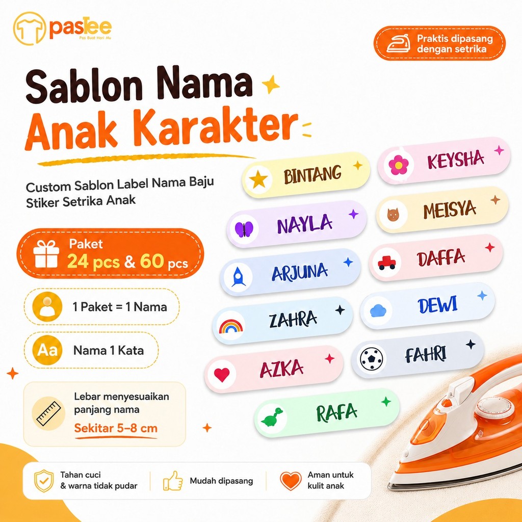 Foto produk Paket Sablon Nama Anak Karakter 24pcs 60pcs Custom Sablon Label Nama Baju Stiker Setrika Anak PASTEE SABLON
