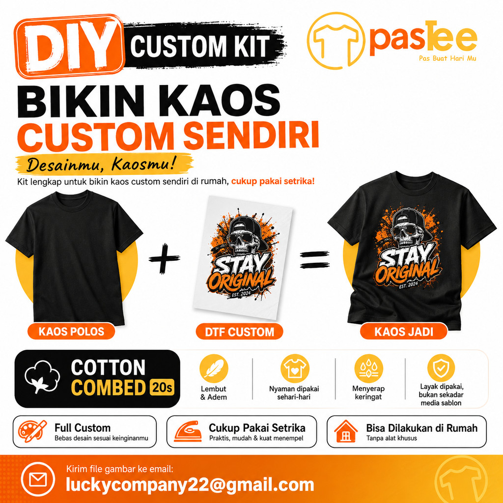 Foto produk Kaos Custom DIY Desain Sendiri Sablon DTF Satuan Cotton Combed 20s Foto Gambar Logo PAS.TEE