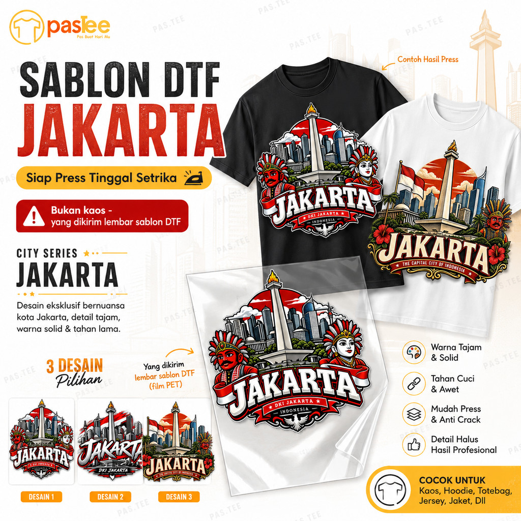 Foto produk Stiker Sablon Setrika DTF Jakarta City Series Monas Ondel Ondel untuk Kaos Hoodie Totebag Jersey PAS.TEE