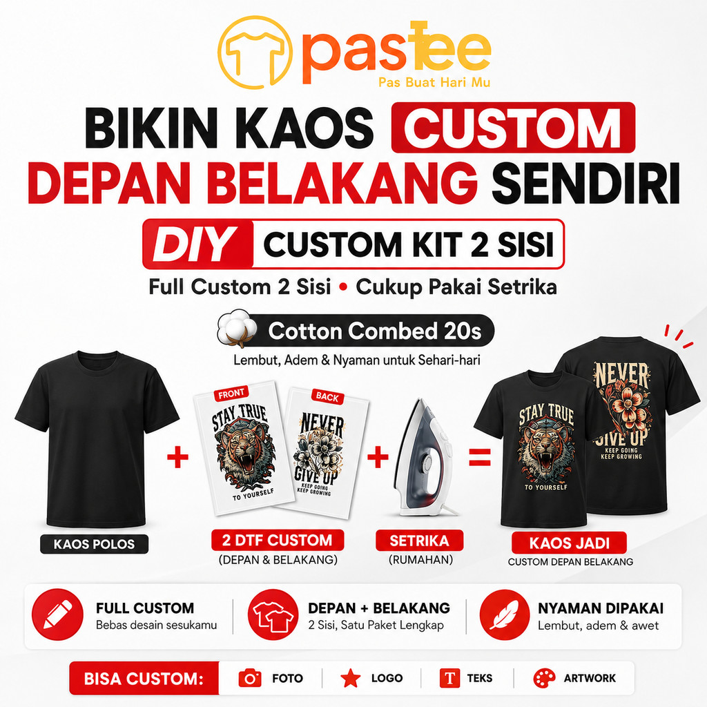 Foto produk Kaos Custom DIY Depan Belakang Desain Sendiri Sablon DTF Cotton Combed 20s Foto Gambar Logo PAS.TEE