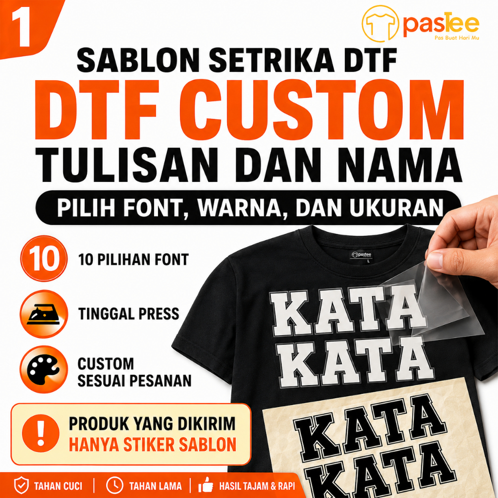 Foto produk Sablon Setrika DTF Custom Tulisan, Nama, dan Kata-Kata dengan Pilihan Font dan Warna