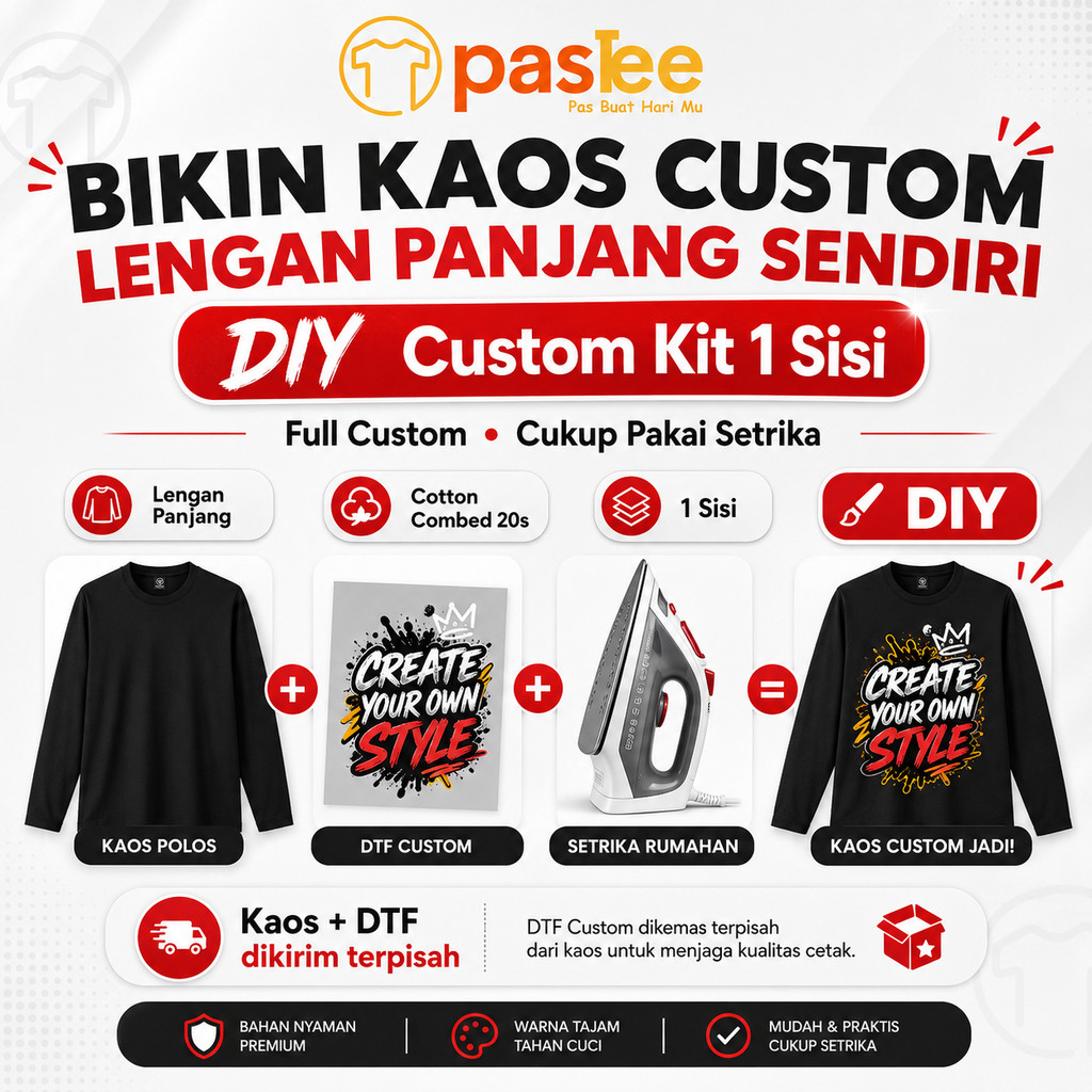 Foto produk Kaos Custom DIY Lengan Panjang Desain Sendiri Sablon DTF Satuan Cotton Combed 20s Foto Gambar Logo PAS.TEE